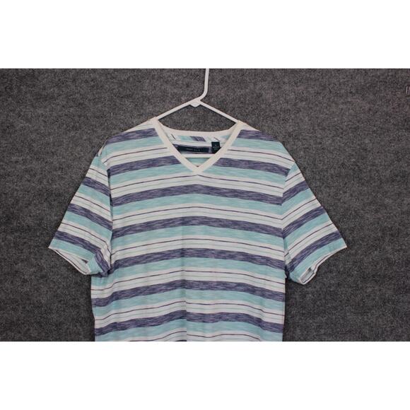 Perry Ellis T-Shirt Men's XL White and Blue Strips Short Sleeve Cotton - Picture 2 of 10